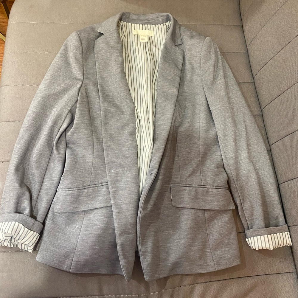 Gray H&M blazer with striped pattern inside